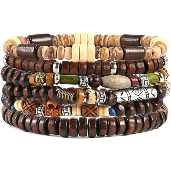 Wrap Bracelets Men Women, Hemp Cords Wood Beads Ethnic Tribal Bracelets, Leather - Picture 1 of 5